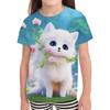 Cute Fluffy Cat Cartoon Fashion 3D Short-Sleeve T-Shirt for Kids, Beautiful Summer Girl's Versatile Colorful Top