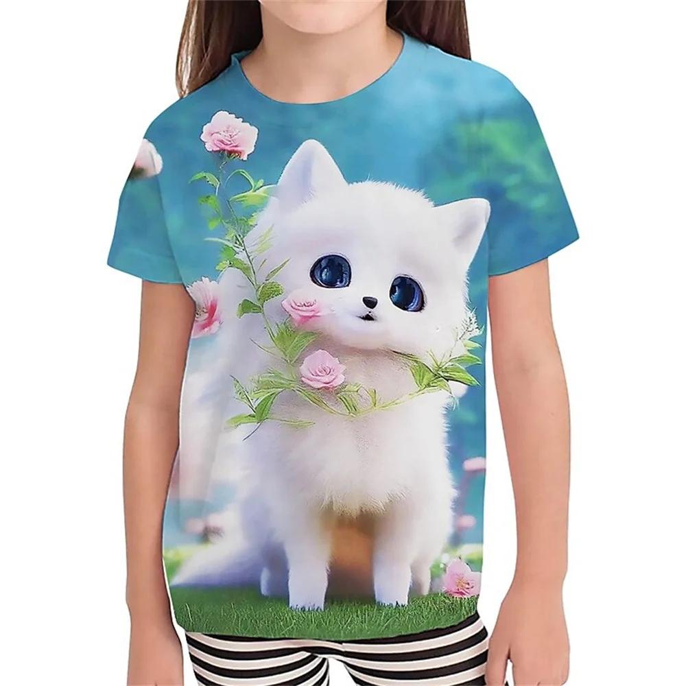 Cute Fluffy Cat Cartoon Fashion 3D Short-Sleeve T-Shirt for Kids, Beautiful Summer Girl's Versatile Colorful Top