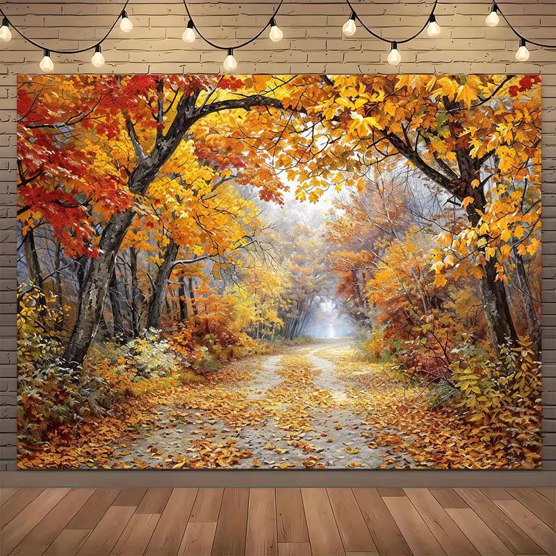 2D Fall Maple Backdrop, Orange Leaf Path Background for Thanksgiving & Harvest Party