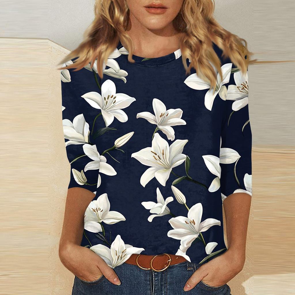 Женский топ с принтом и круглым вырезом, рукавом 3/4