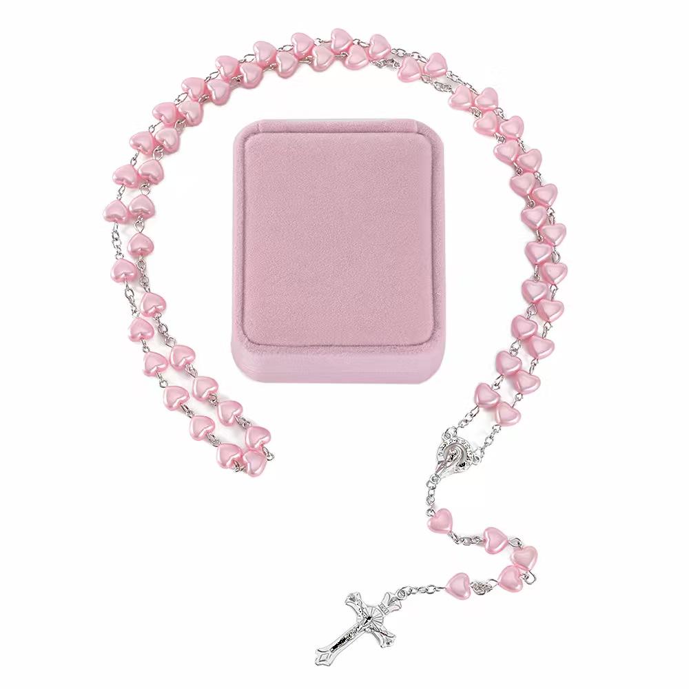 Fashionable Heart Pink Off-White Rosary Necklace with 59 Beads (8mm & 10mm) - Simple Long Jewelry