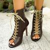 Модные ботильоны на шнуровке с открытым носком для холодной погоды, женские, летние, новые, с круглым носком, с вырезами, дышащие, из мягкой кожи, на шпильке