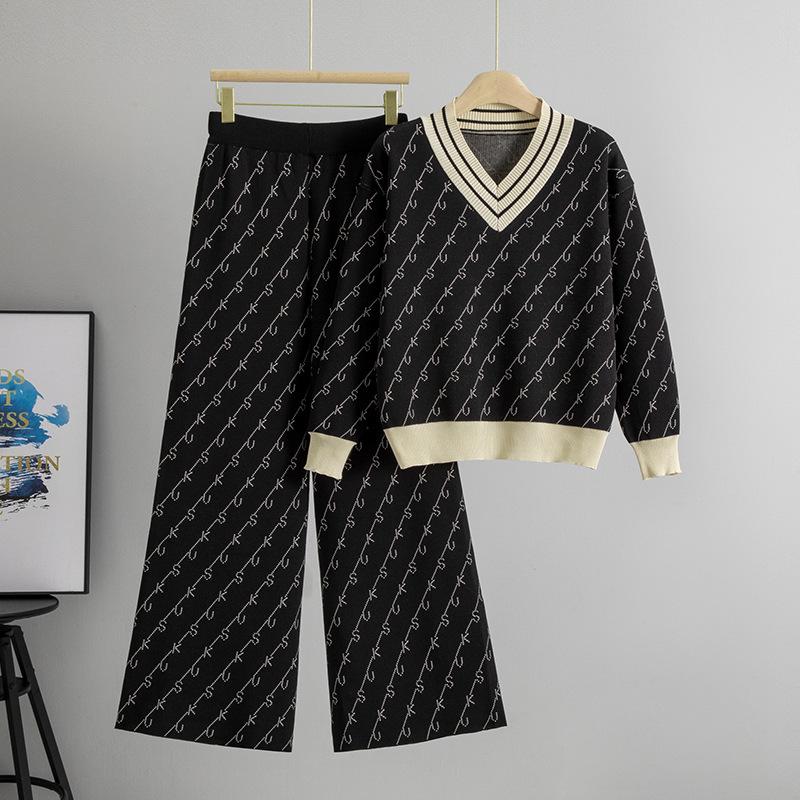 Женский осенне-зимний комплект в полоску: вязаный свитер и брюки-палаццо - стиль «маленький аромат», повседневная спортивная одежда