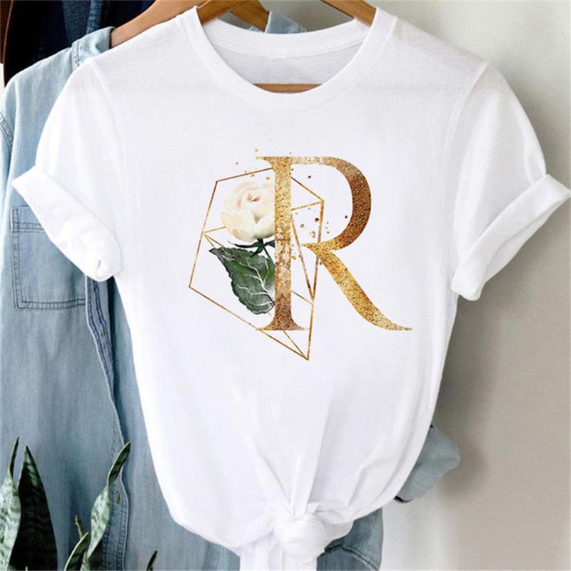 Custom Name Letter Combination Women T Shirt Floral Gold Letter Font A B C D Print Short Sleeve Tee Tops Female T-shirt Clothes