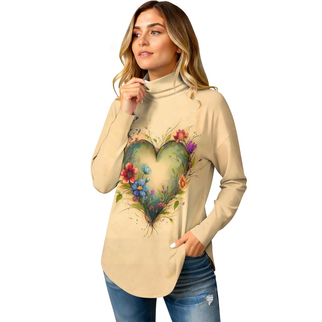 Футболки для женщин, осенние повседневные рубашки с длинными рукавами, толстовка с винтажным принтом, топ с высоким воротом, пуловер