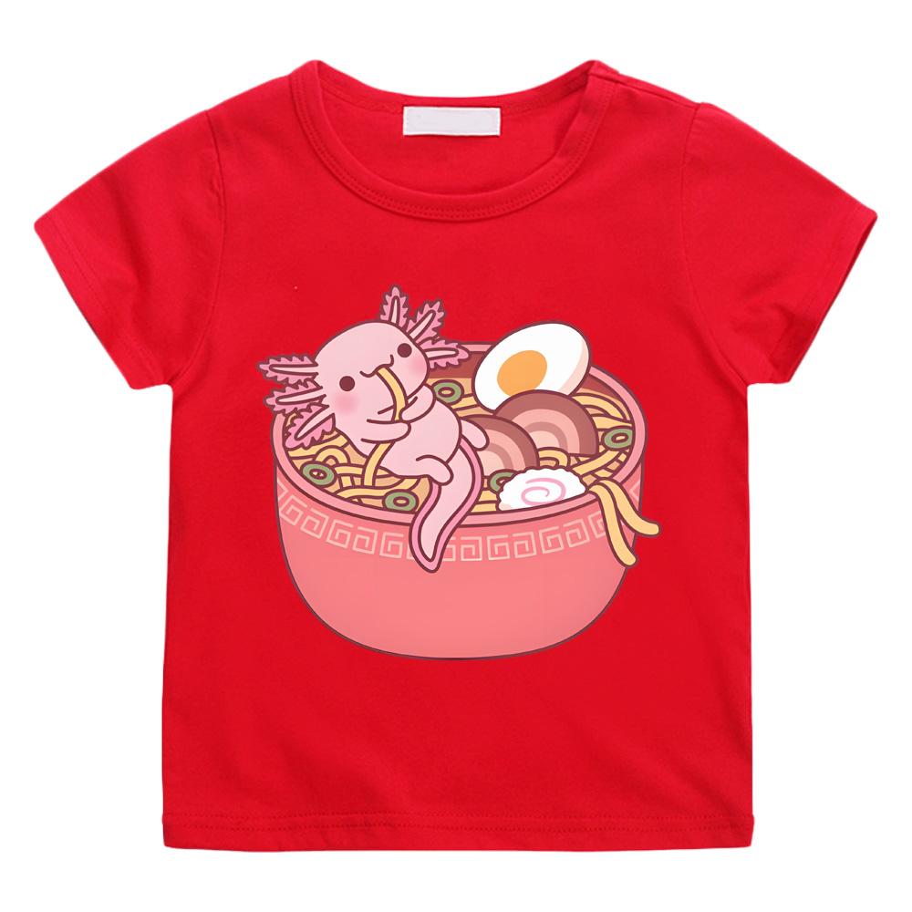 Cute Axolotl Eating Ramen Noodles in Bowl Funny T-shirts Cotton Short Sleeve Boys/Girls T Shirt Summer Round Neck T-shirt