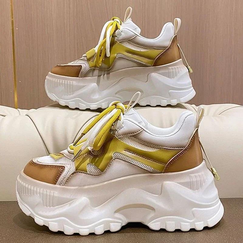 Весенняя мода Массивные кроссовки Женские шнуровка Платформа Теннисные туфли для женских Толстая подошва Дышащая спортивная обувь