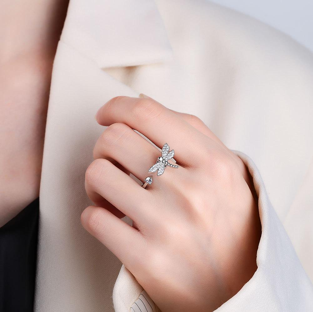 Spinning Zircon Dragonfly Open Ring Personalized Fashion Jewelry For Women Adjustable Finger Band
