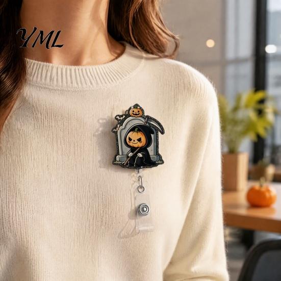 Retractable Badge Holder Halloween Reel, Cute Pumpkin And Grim Reaper Design, Acrylic Party Gift Smooth Pull Cord Clip for Nurse Doctor Teacher