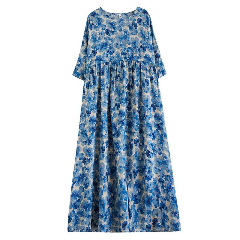 Летнее тонкое хлопковое льняное платье с круглым вырезом и короткими рукавами, простое среднее длинное платье с цветочным принтом для женщин, повседневные платья