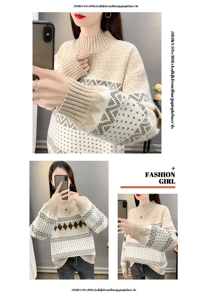 Korean Ethnic Style Jacquard Knit Sweater for Autumn/Winter 2025 - Women's Half-High Collar Loose Fit