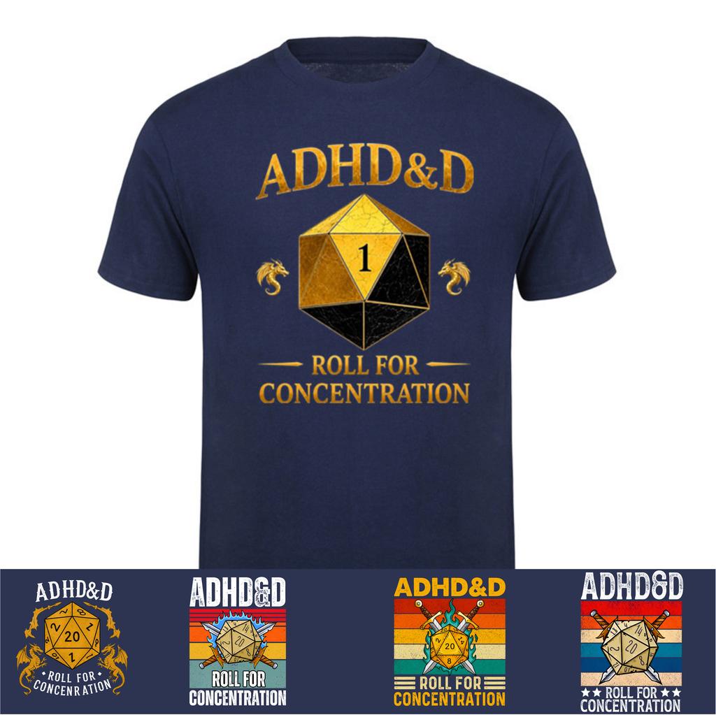 ADHDD Roll for Concentration Tshirt Unisex Funny Gamer Dungeons DM RPG Dice Dragon T Shirts Summer Streetwear Gifts HJ051