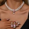 Ladies Two Layer Pearl Shines Oblong Crystal Necklace & Ear Drop Jewelry Set