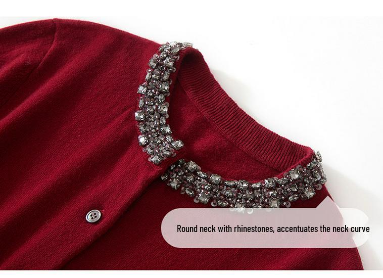 Autumn Winter Cashmere Beaded Round Neck Cardigan Sweater for Women - Warm, Loose Fit Outer Layer
