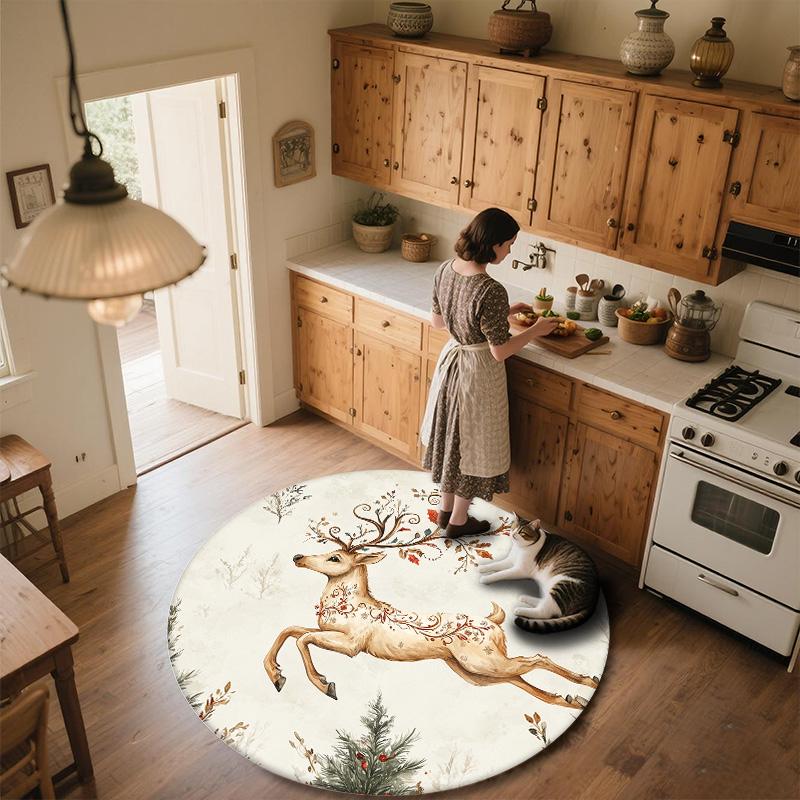 Бегущий олень, Круглый ковер, Ковер для гостиной, спальни, дивана, игровой комнаты, Декор, Нескользящий коврик для пола