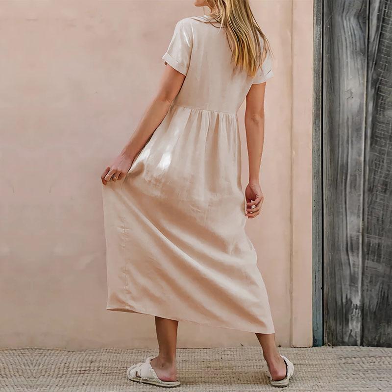 YYFS Women's Fashion Summer Spring Solid Color Print Short Sleeve V-Neck Loose Waistline Casual Dresses