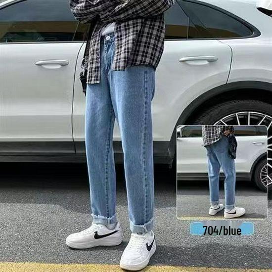 2025 New Men's Hong Kong Style Loose Straight-Leg Jeans: Trendy Korean Nine-Point Casual Pants for Spring and Autumn