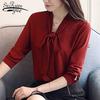 SURWENYUE Casual Bow V-neck OL Blouse Fashion Woman Blouses Long Sleeve Chiffon Women Blouse Shirt