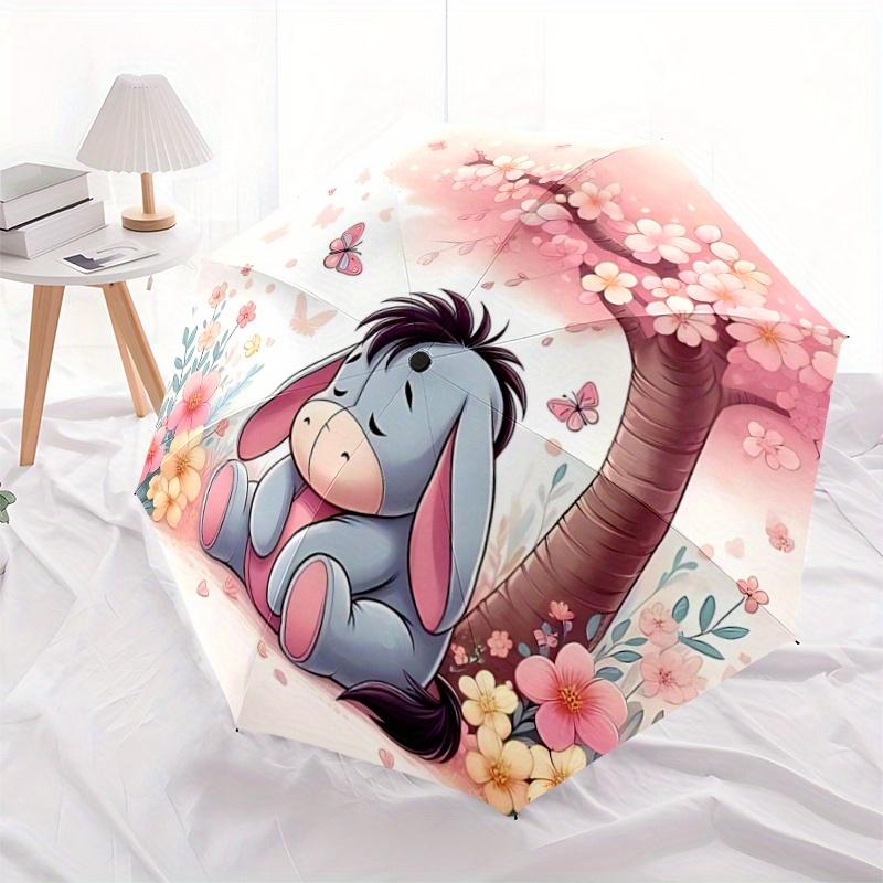 1pc Cherry Blossoms Butterflies Eeyore's Pattern Beautiful Looking Automatic Folding Umbrella, 3 Folding, 8 Iron Frame Design, Durable and S