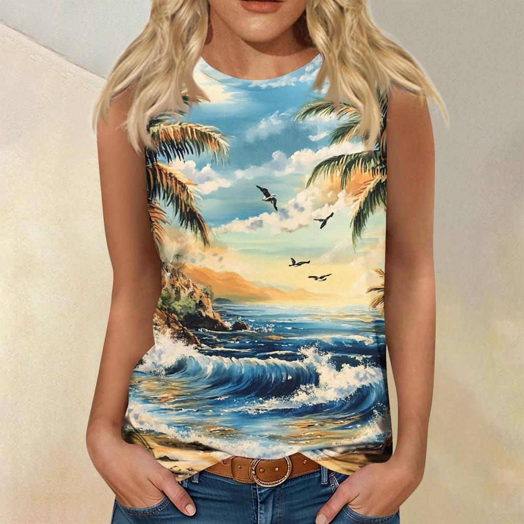 Women's Fashion Summer Round Neck Tank Top Lightweight Sleeveless  Print Tank Top