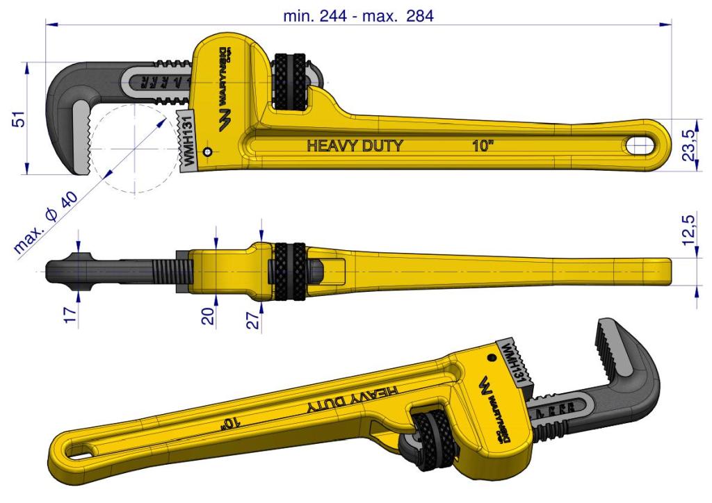 American type pipe wrench 10" reinforced CrMo jaws max diameter 40 Waryński