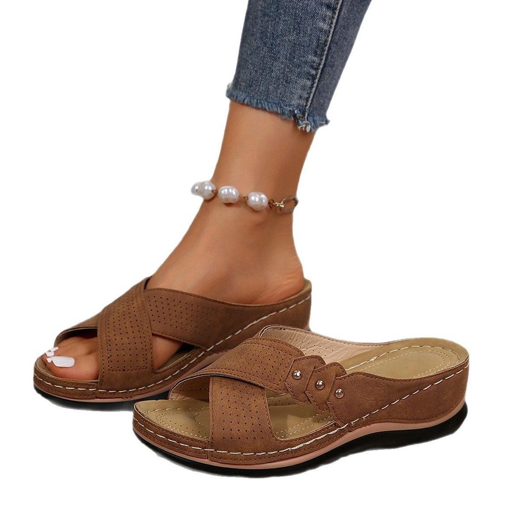 2024 New Foreign Trade Summer Ladies Thick Bottom Slope Heel Slippers Large Size Casual Cross with Fish Mouth Slippers Women