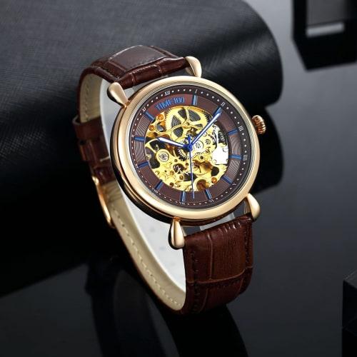 TIME100 Men's Mechanical Watch, Waterproof Skeleton Wristwatch, Easy-to-Read Analog Display, Stylish for Business, Yellow