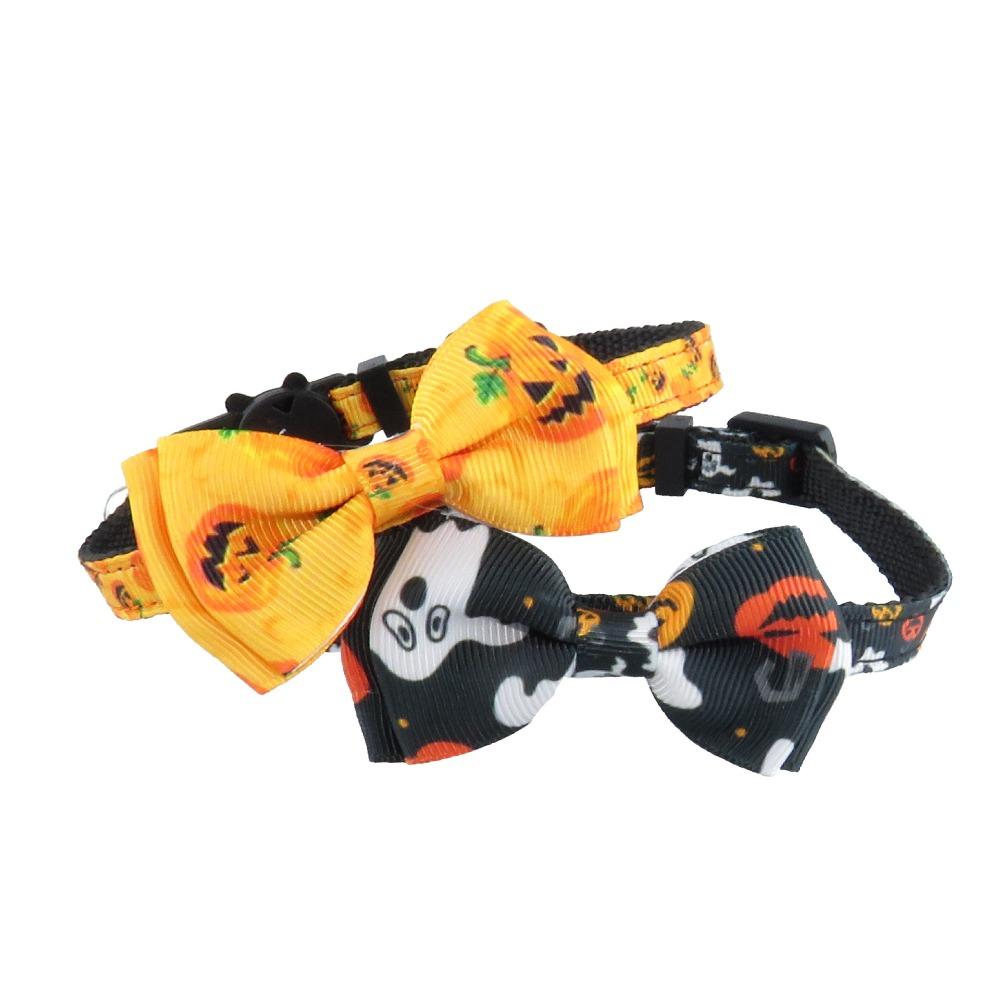 New Pet Cat Collar Halloween Woven Cat Collar Pumpkin Ghost Bow Tie Removable Cat Collar Holiday Cosplay Decoration with Bell