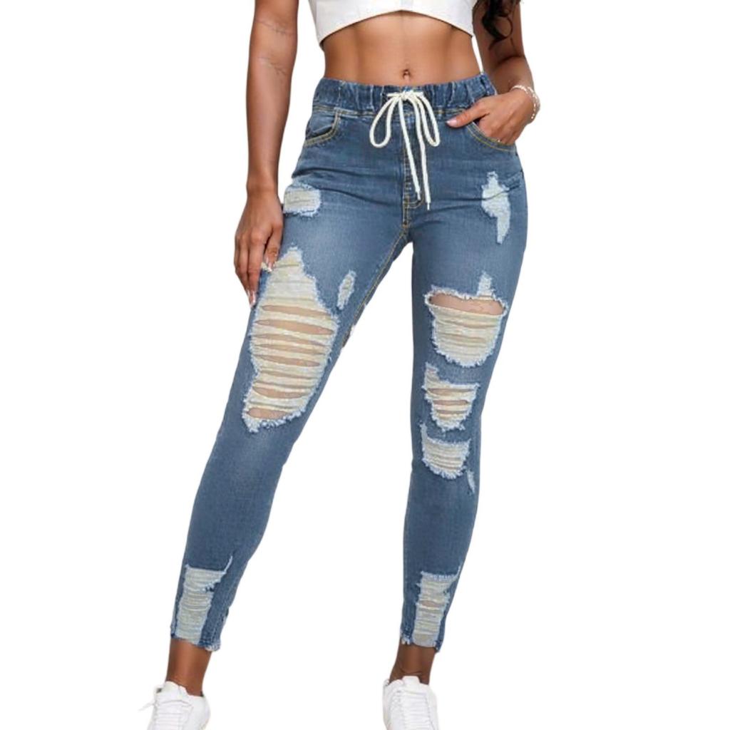 Women's Skinny Ripped Trendy Jeans Distressed Stretchy Denim Pants Elastic Waist Drawstring Denim Trousers