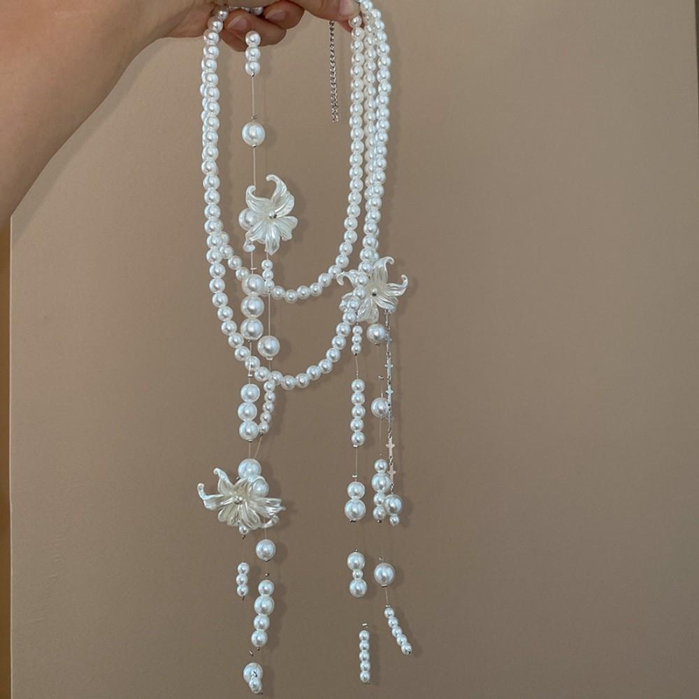 Faux Pearl Lilium Flower Pearl Necklace Multi Layer Stacked Flower Choker Vacation Look