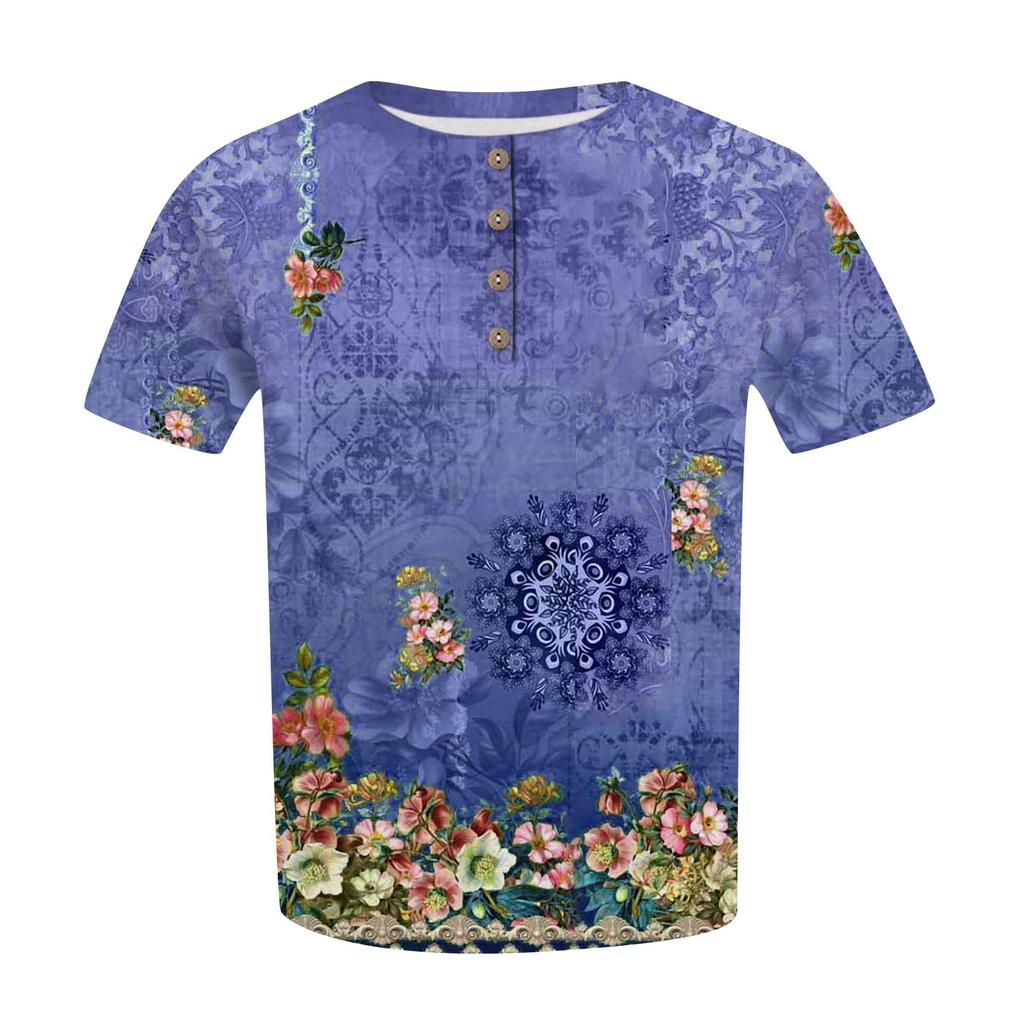 Women's Short Sleeve Shirt Button Plus Size T-Shirt Flower Printed Casual Tops