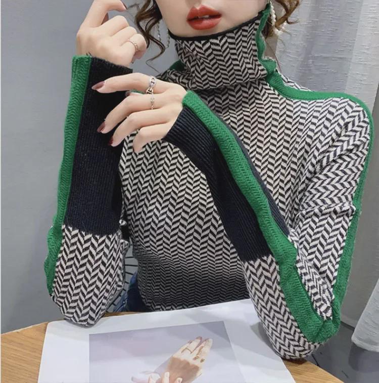 Женский ретро-кашемировый свитер — свободный крой, высокий ворот, контрастный цвет, осень/зима