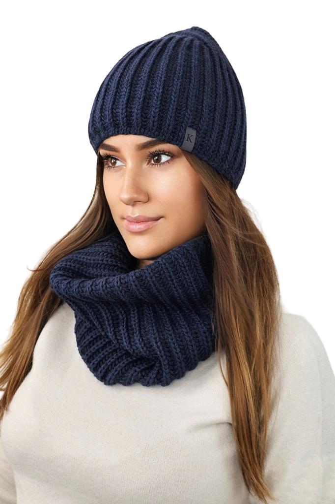 Chicory Winter Set Hat with Snood in Thick Stripes, Navy Blue