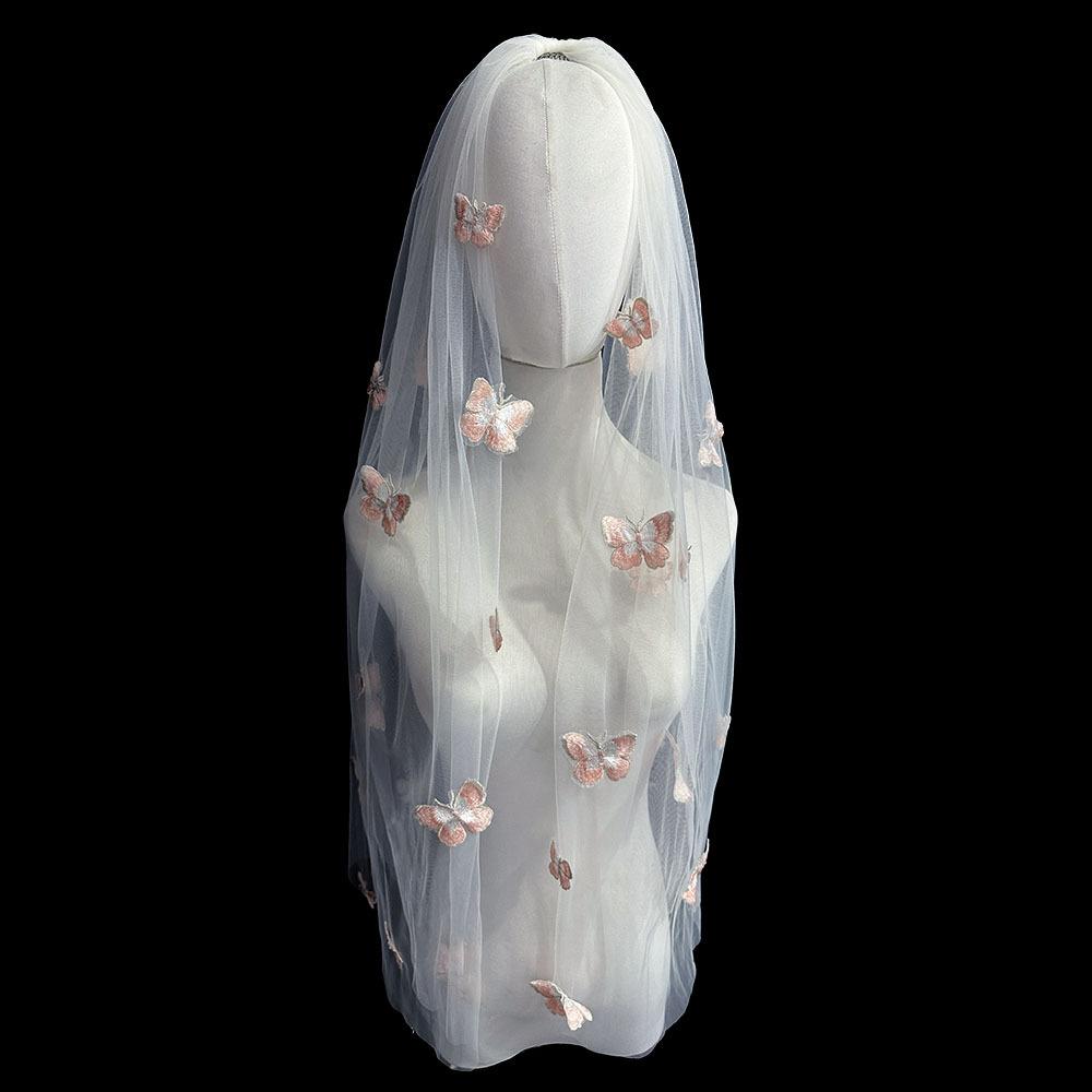 Розовая бабочка Фата Сертификат Регистрация Невеста Свадебный головной убор Супер Фея Фотография Фото Реквизит Фата Головной убор