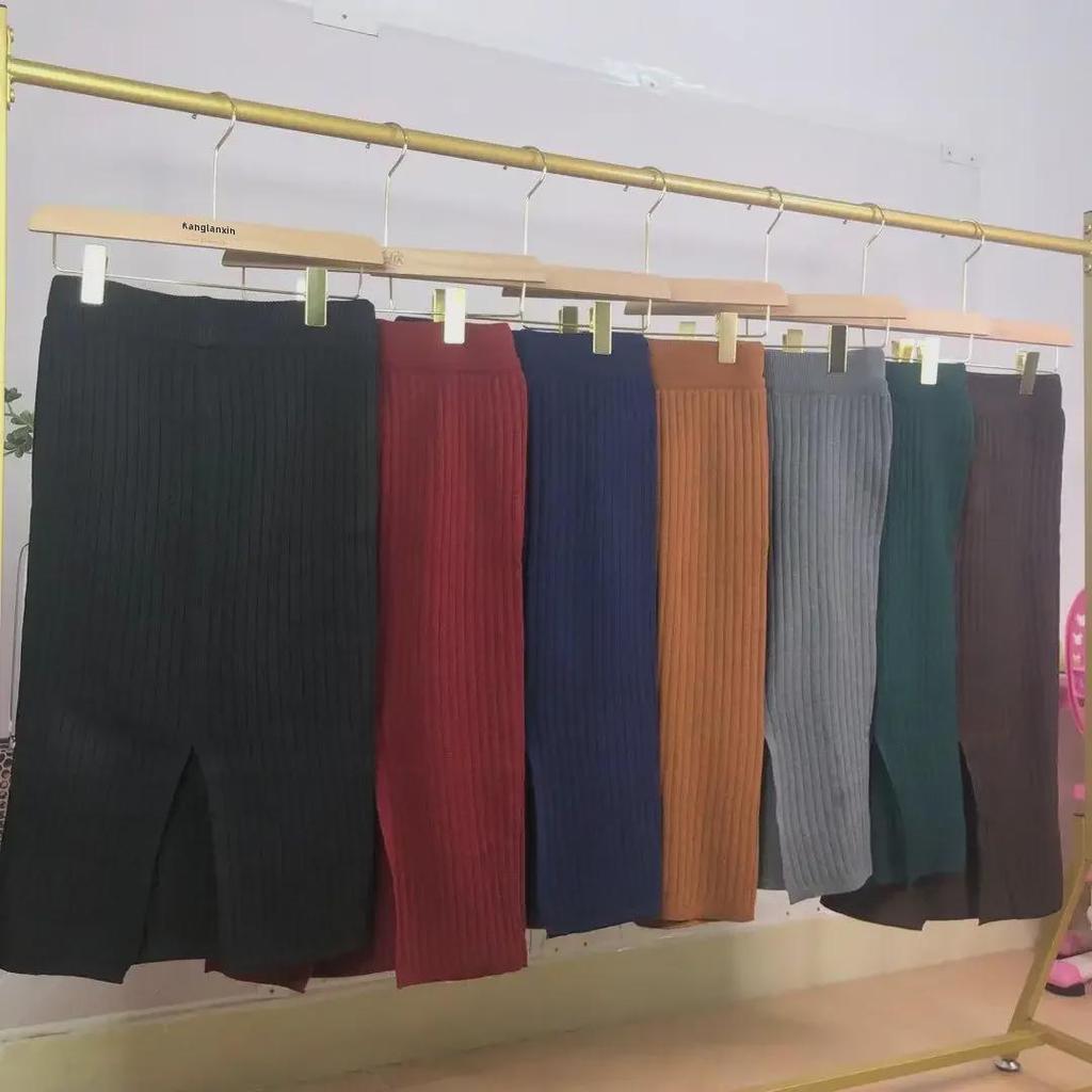 High-Waist Mercerized Cotton Knitted Skirt - Women's Autumn/Winter Slit Midi Skirt