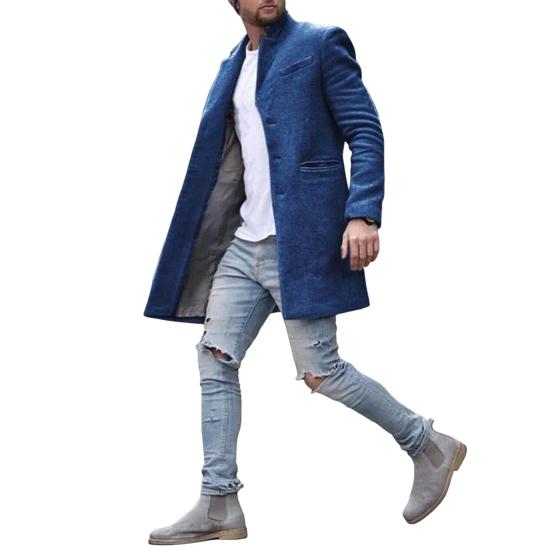 Men Woolen Coat Lapel Long Sleeve Mid-length Overcoat Solid Color Single Breasted Long Outwear with Side Pockets