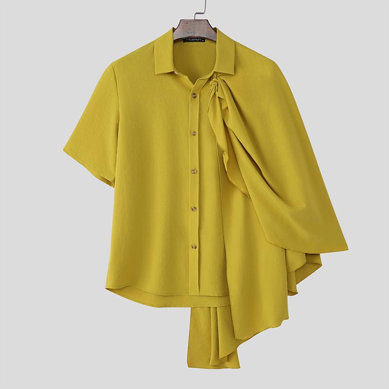 INCERUN Мужские рубашки с воротником-лацканом, коротким рукавом, пуговицами, оборками и слоями в стиле пэчворк, повседневные рубашки-накидки