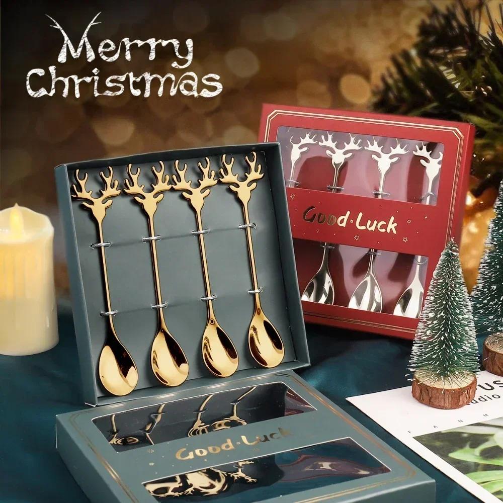 4pcs Stainless Steel Coffee Spoons Christmas Elk Head Design New Year Table Decoration Home Navidad Ornament Set