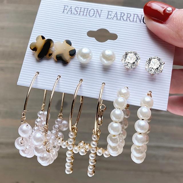 12PCS 17KM Fashion Pearl Hoop Earrings Set for Women Geometirc Gold Metal Circle Hoop Earrings Brincos 2021 Trend Jewelry Gift