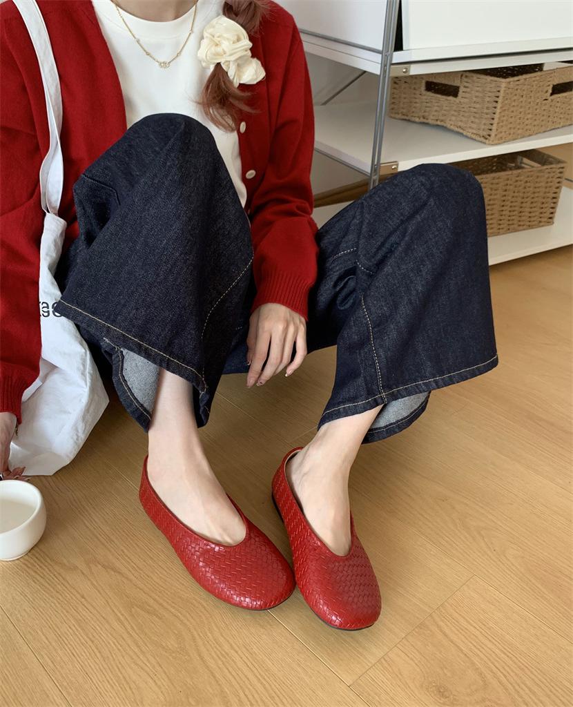 Leather Version~ New Spring and Autumn Niche Design Soft Leather Single Shoes Women's Shallow Mouth Sole Comfortable Woven Shoes Grandma Shoes Lad