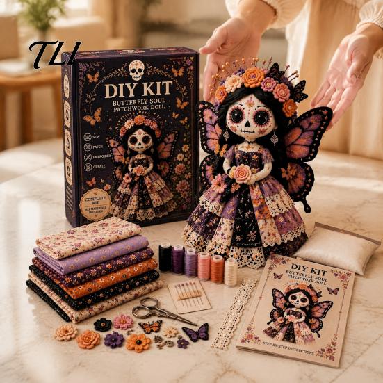 Beginner Friendly Sewing Project Halloween Patchwork Doll DIY Kit, Skeleton Witch Girl Handmade Easy Embroidery Starter Set Fabric Craft for