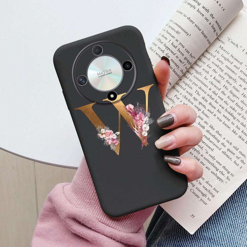 Чехол для телефона с буквой для Honor X9b X9a Magic5 Lite Magic6 Lite 5G Чехол Ретро Цветы Розовый Черный Мягкий ТПУ Силиконовый с инициалами Fundas