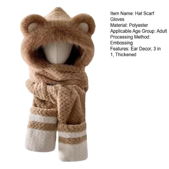3 In 1 Hat Scarf Gloves Set Bear Ear Decor Thickened Plush Winter Hat