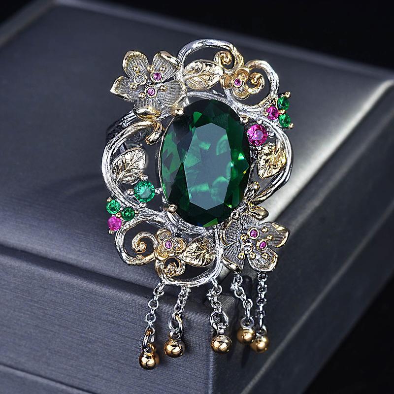 Винтажные креативные открытые кольца в тон цветка и листа для женщин, блестящие зеленые инкрустация камнями CZ, модные ювелирные изделия в стиле ретро, ​​подарок для свадебной вечеринки