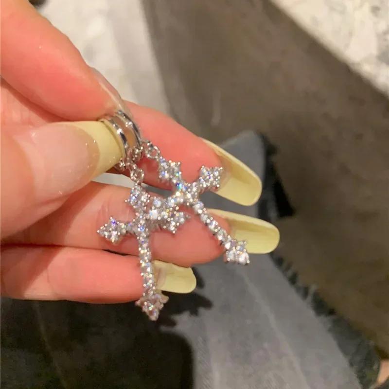 Y2K Gothic Rhinestone Cross Earrings Kpop Shiny Zircon Cross Drop Earring For Women Grunge Egirl Earrings Jewelry Accessories