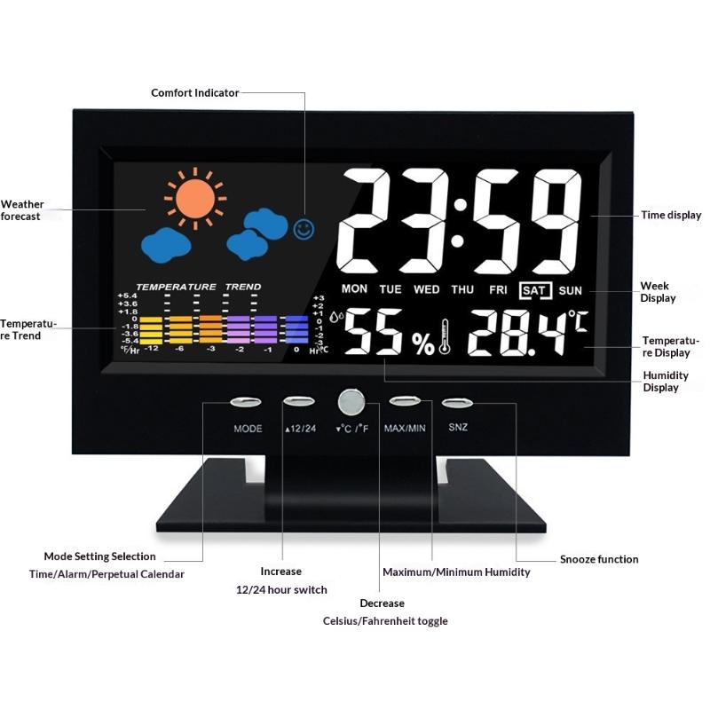 Multi-Functional Weather Station Clock Thermometer Hygrometer Calendar Digital Lcd Display Temperature And Humidity Meter