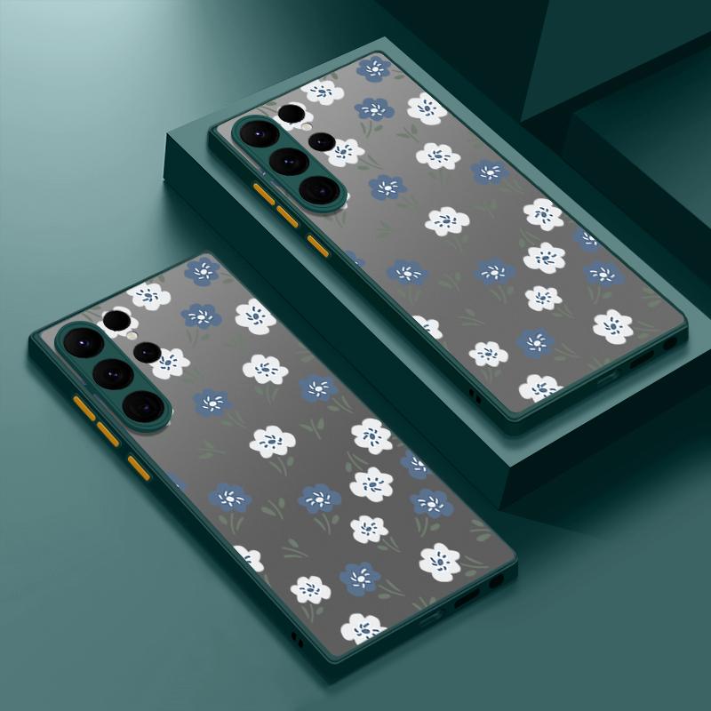 Акриловый жесткий синий цветочный узор матовый чехол для Samsung S25 Ultra S24 Fe S23 S22 A16 A15 A56 A55 A35 ударопрочный прозрачный защитный чехол для линз с мягкими краями