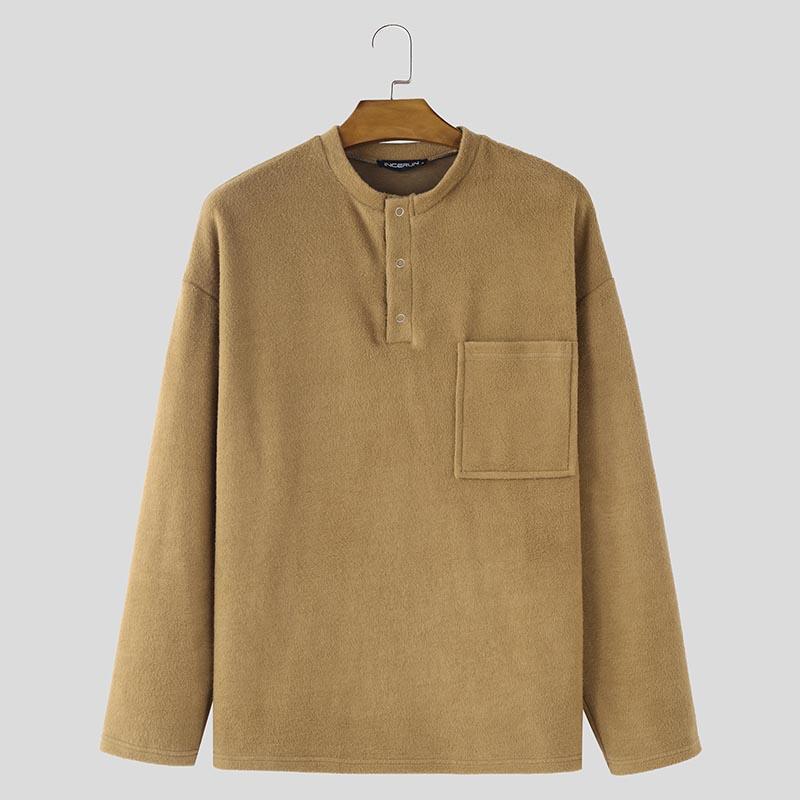 INCERUN Men Buttons Neck Long Sleeve Furry Casual Solid Loose T-shirts Tops