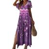 Women Summer Dress V Neck Colorful Print Side Split Loose A-line Short Sleeves Ankle Length Retro Ethnic Style Soft Beach Vacation Maxi Dress