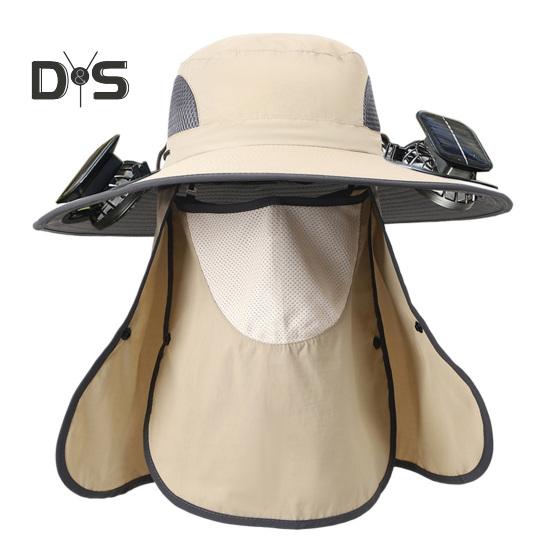 Wide Brim Sun Hat with 2 Solar Fan UV Protection Bucket Hat with Neck Flap And Face Guard 3 Speed Adjustable Fan Hat for Outdoor Fishing Camping